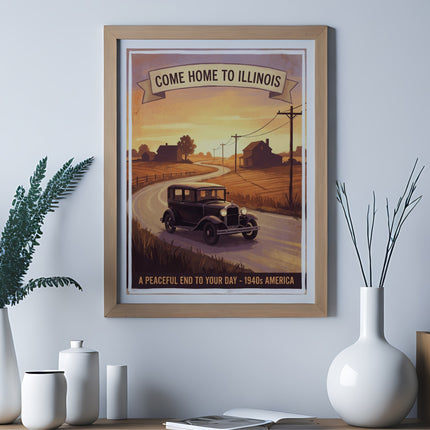 Vintage travel poster for Illinois with a car on a country road.