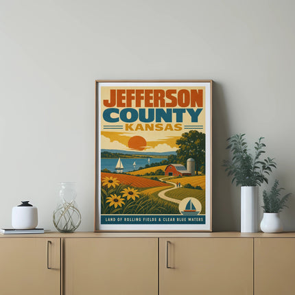 Jefferson County Kansas poster featuring rolling hills, a farm, and a sailboat.