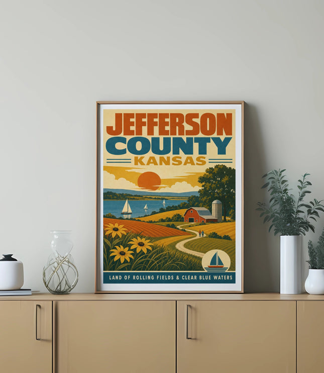 Jefferson County Kansas poster featuring rolling hills, a farm, and a sailboat.