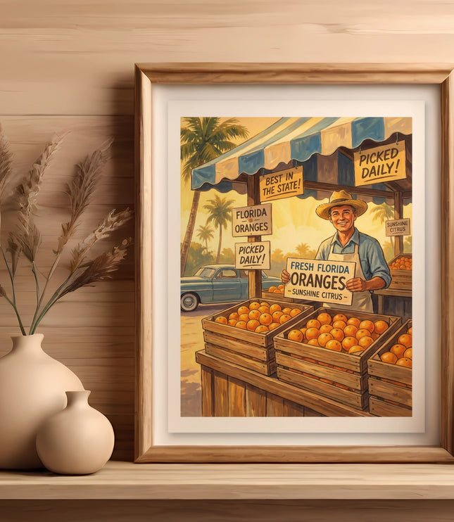 Framed art shows a man selling fresh Florida oranges from a roadside stand.