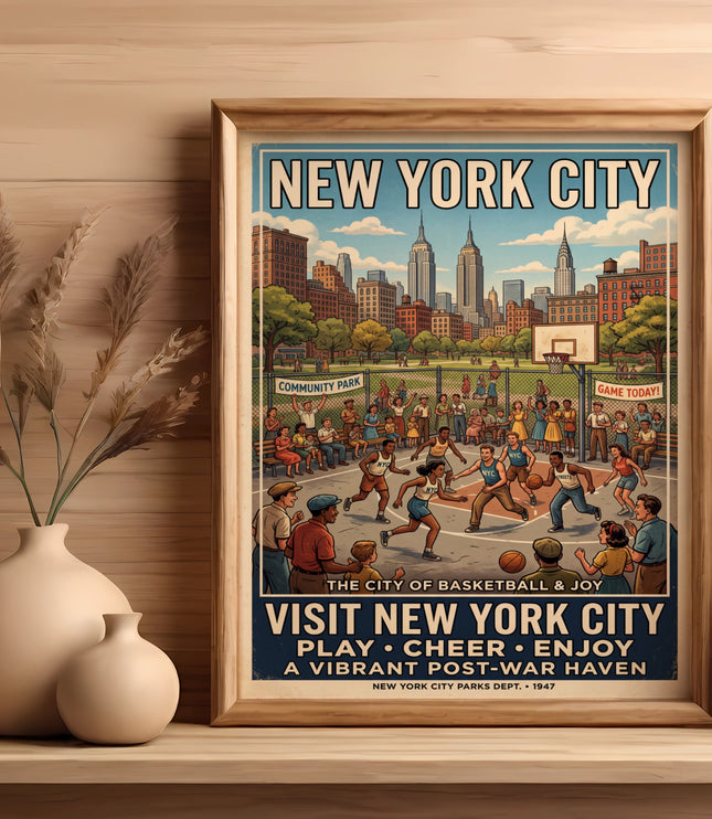 New York City poster with basketball game and skyline, dated 1947.