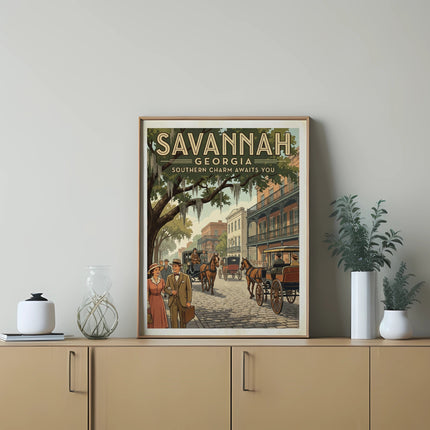 Savannah Georgia vintage poster with horse-drawn carriage on street.