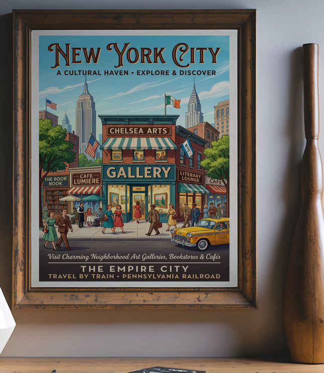 New York City travel poster featuring the Empire State Building, galleries, and yellow taxi.