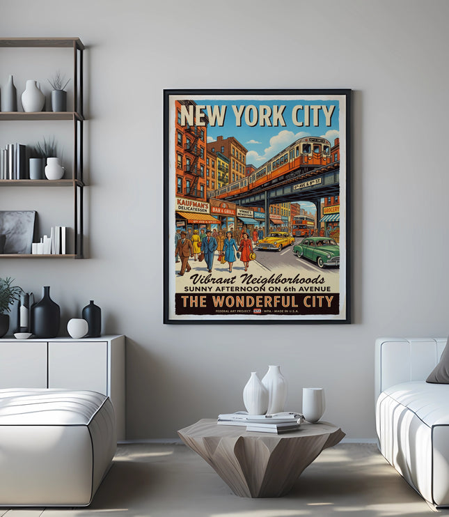 New York City elevated train poster with people and cars on 6th Avenue.