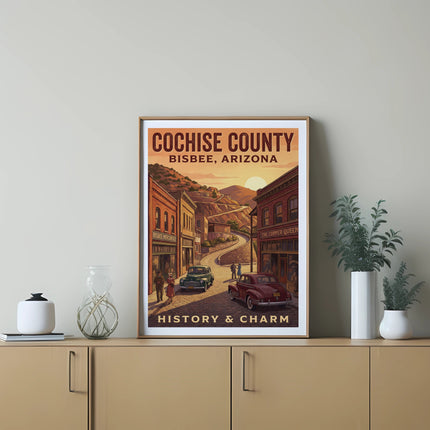 Cochise County Bisbee, Arizona History & Charm vintage poster with buildings and cars.