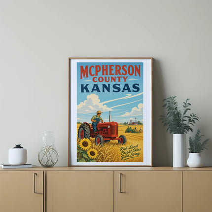 Vintage McPherson County Kansas tractor scene with sunflowers and farm buildings.