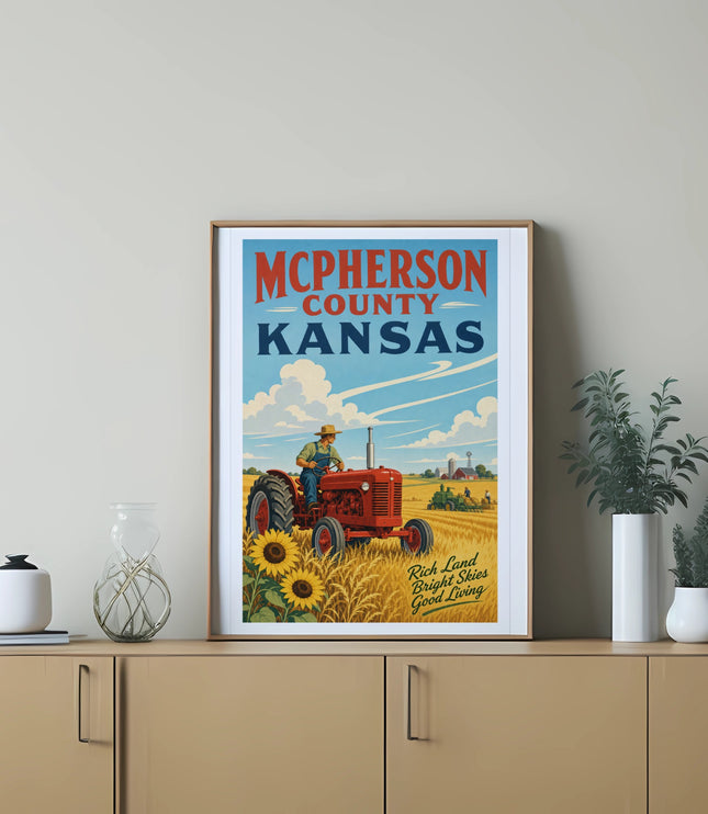 Vintage McPherson County Kansas tractor scene with sunflowers and farm buildings.