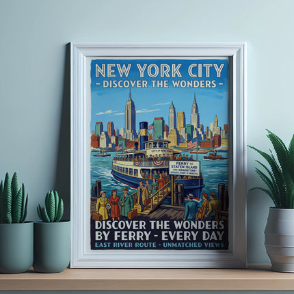Vintage New York City ferry poster with skyline, people boarding, and text.