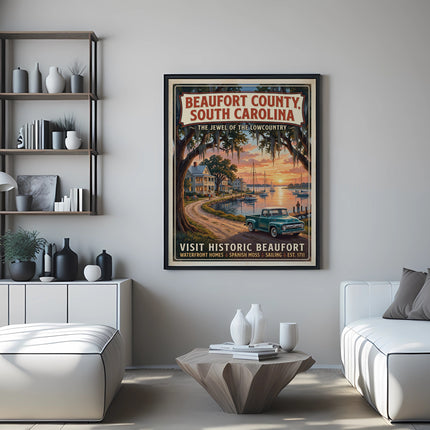 Beaufort County, South Carolina poster featuring historic waterfront scenes and a teal truck.