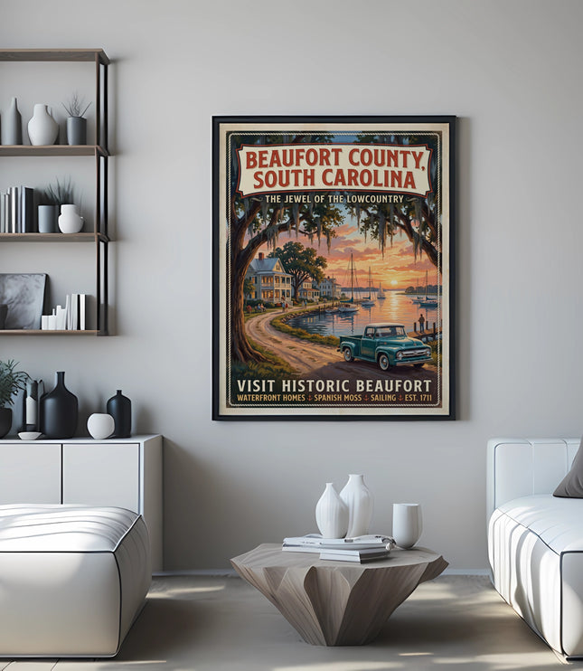 Beaufort County, South Carolina poster featuring historic waterfront scenes and a teal truck.