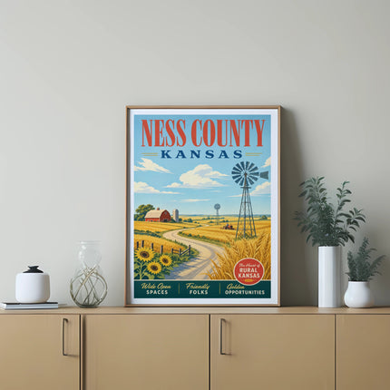 Ness County, Kansas poster with windmill, barn, sunflowers, and text.
