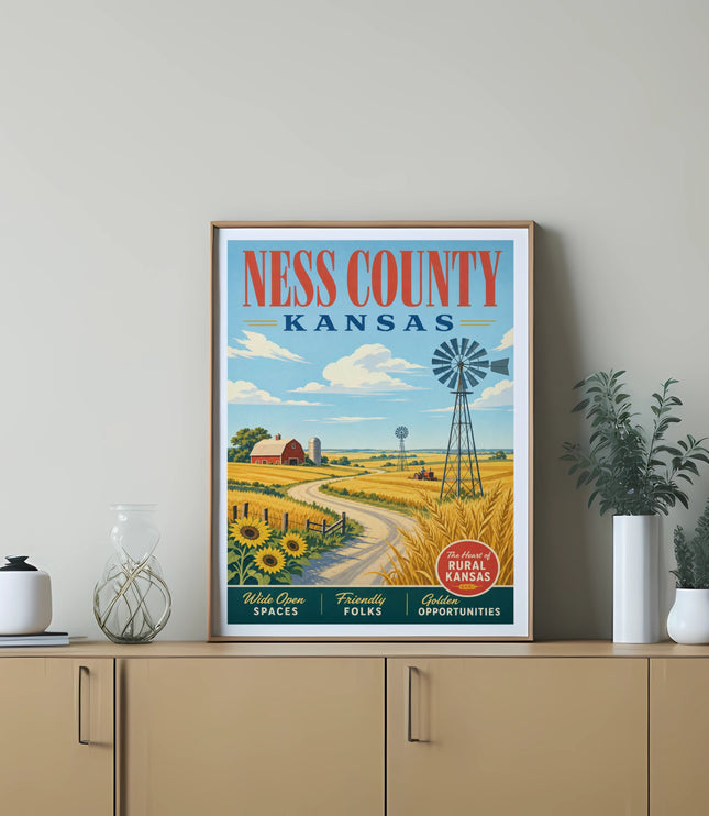 Ness County, Kansas poster with windmill, barn, sunflowers, and text.