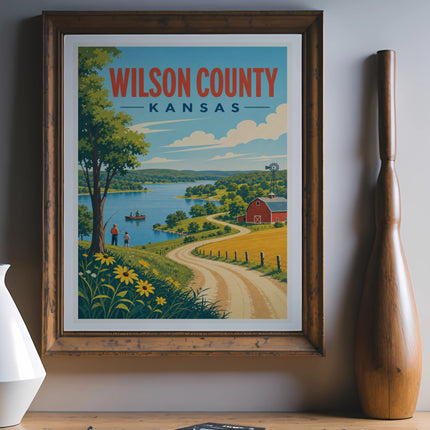 Vintage poster of Wilson County, Kansas with a lake, farm, and red barn.