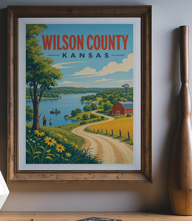 Vintage poster of Wilson County, Kansas with a lake, farm, and red barn.