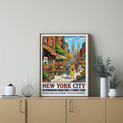 New York City neighborhood bookstore and flower stand with people on street.