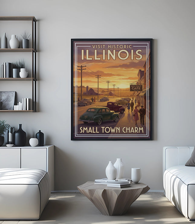 Historic Illinois Small Town Charm vintage travel poster.