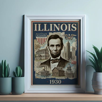 Framed portrait of Abraham Lincoln with Illinois landmarks and "1930" date.