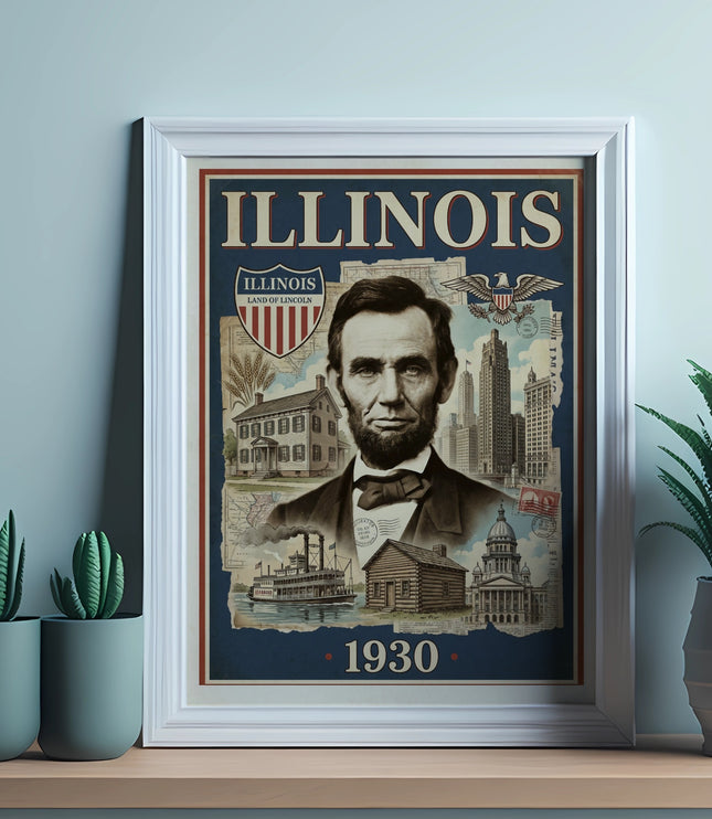 Framed portrait of Abraham Lincoln with Illinois landmarks and "1930" date.