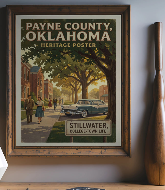 Payne County, Oklahoma Heritage Poster with Stillwater, College-Town Life text.