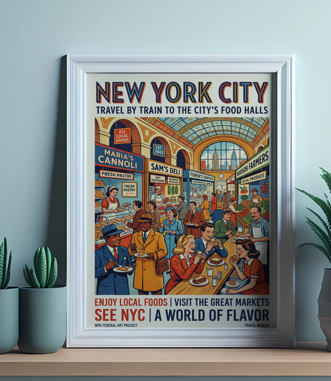 New York City travel poster with busy food hall scene and the text "See NYC: A World of Flavor."
