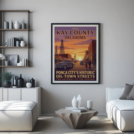 Vintage poster for Kay County, Oklahoma, depicting oil derricks and historic oil-town streets.