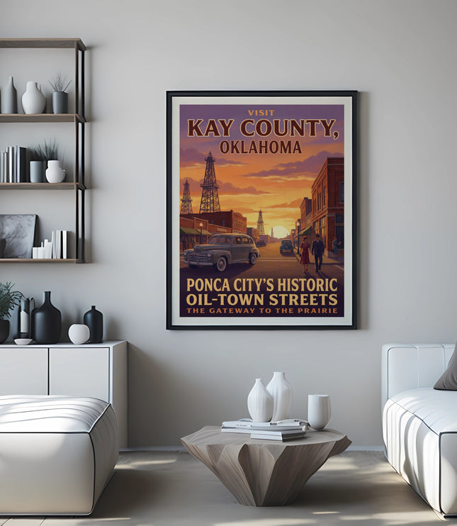 Vintage poster for Kay County, Oklahoma, depicting oil derricks and historic oil-town streets.