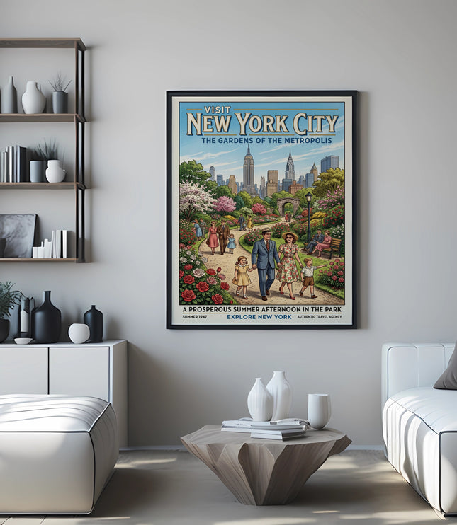 Vintage New York City travel poster of a family in a park with skyscrapers.