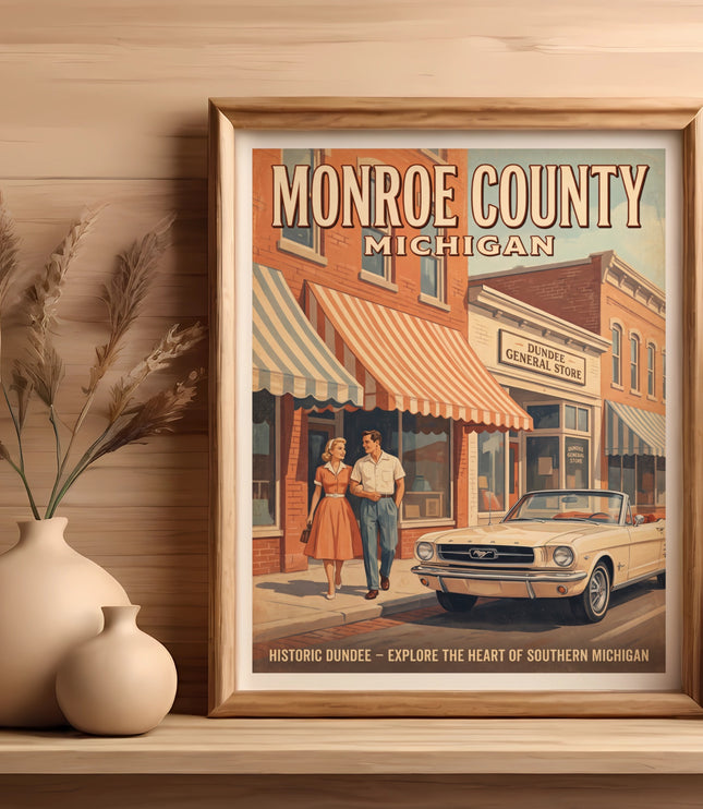 Monroe County Michigan poster, Dundee General Store, vintage car, couple, and text.