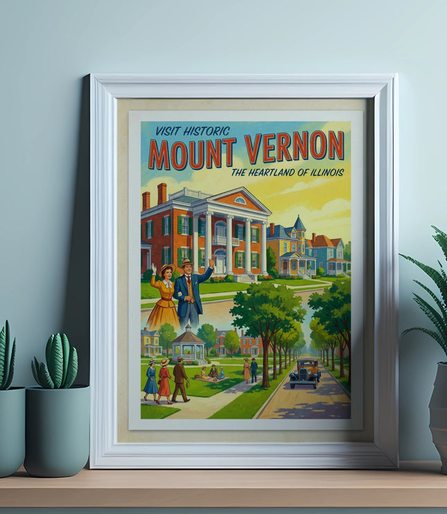 Vintage travel poster of Mount Vernon, Illinois, featuring historic buildings and people.