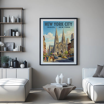 New York City travel poster of a street scene with a large cathedral.