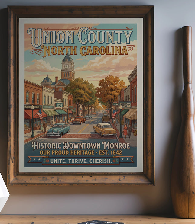 Union County North Carolina poster depicting Historic Downtown Monroe, est. 1842.