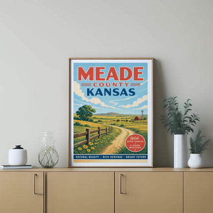 Meade County Kansas travel poster with rural landscape and text.