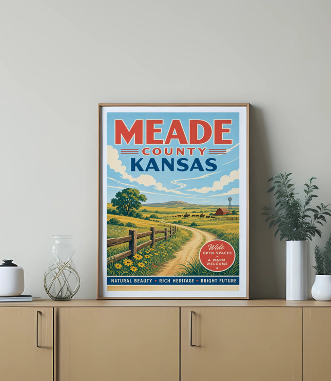 Meade County Kansas travel poster with rural landscape and text.