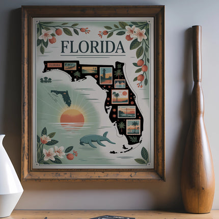 Florida map with vintage postcards depicting beaches and landmarks.