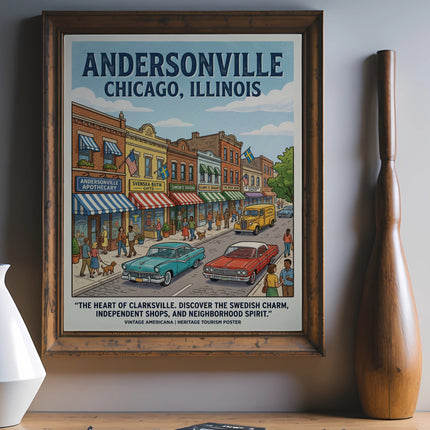 Andersonville Chicago, Illinois vintage tourism poster with vintage cars and shops.