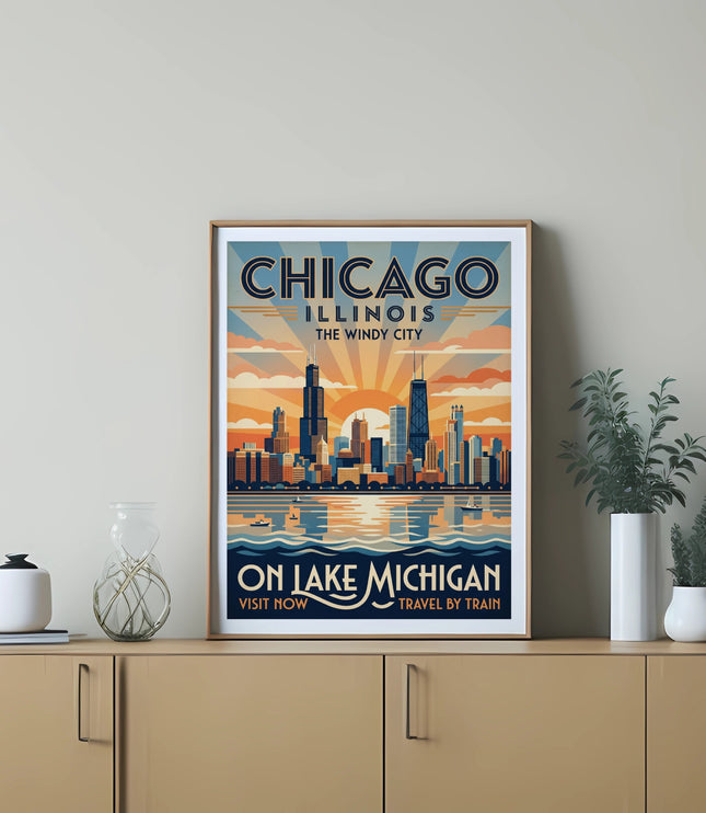Chicago Illinois The Windy City poster with lake and skyline artwork.