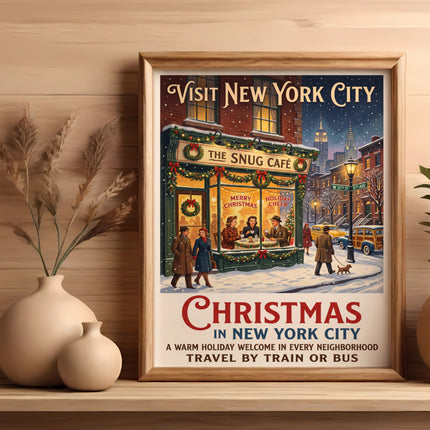 Vintage "Christmas in New York City" poster featuring The Snug Café.