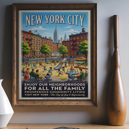 New York City travel poster, "Neighborhood Playground," with families enjoying a park.