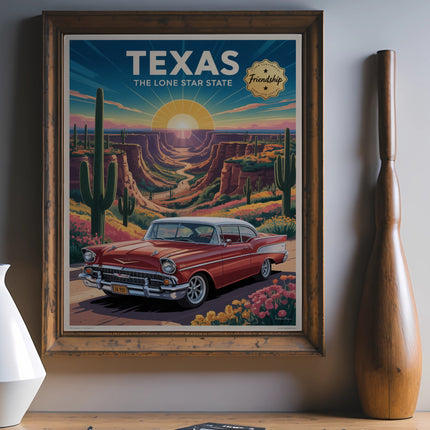 Vintage red 1950s car in a Texas desert landscape poster.