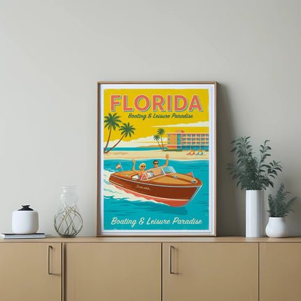 Vintage Florida boating and leisure poster with palm trees and a boat.