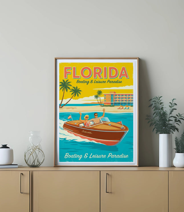 Vintage Florida boating and leisure poster with palm trees and a boat.