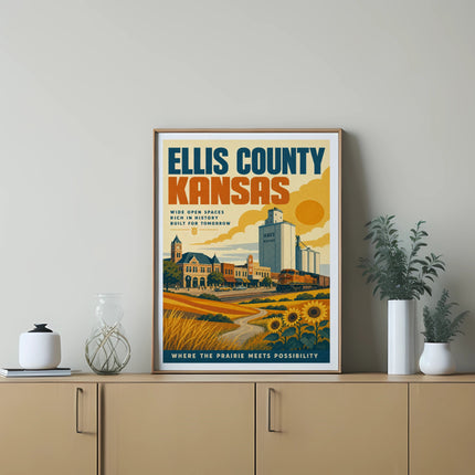 Ellis County, Kansas poster with grain silos, sunflowers, and text.