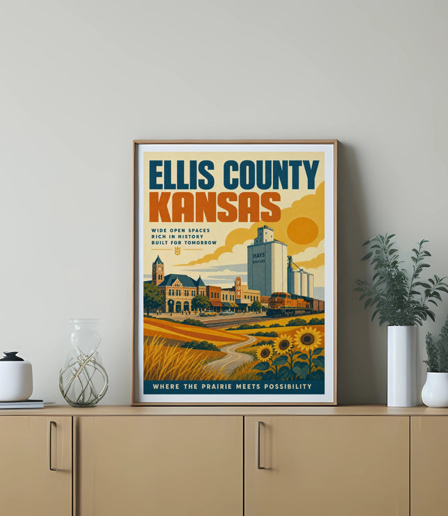 Ellis County, Kansas poster with grain silos, sunflowers, and text.