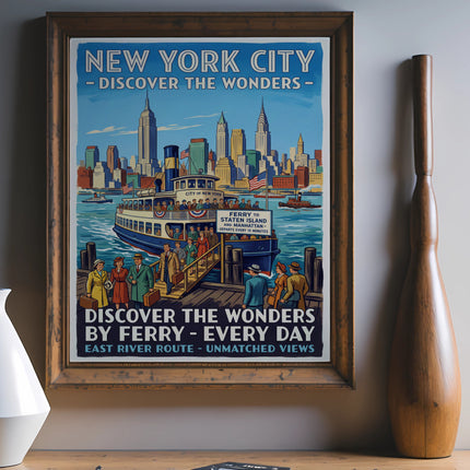 New York City Ferry poster advertising Staten Island and Manhattan routes, East River views.