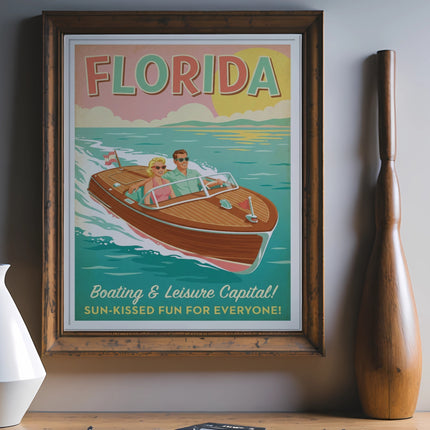 Florida travel poster featuring a boat with two people, text "Florida Boating & Leisure Capital!".