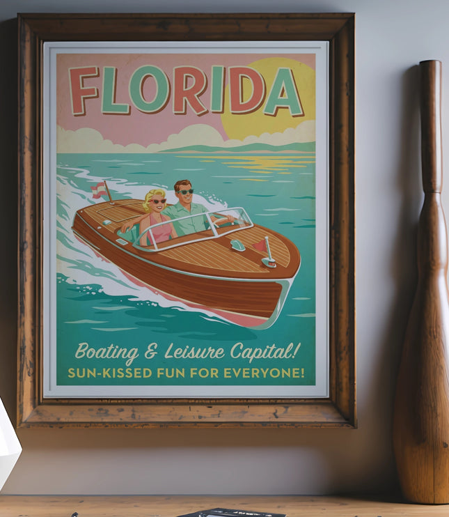 Florida travel poster featuring a boat with two people, text "Florida Boating & Leisure Capital!".