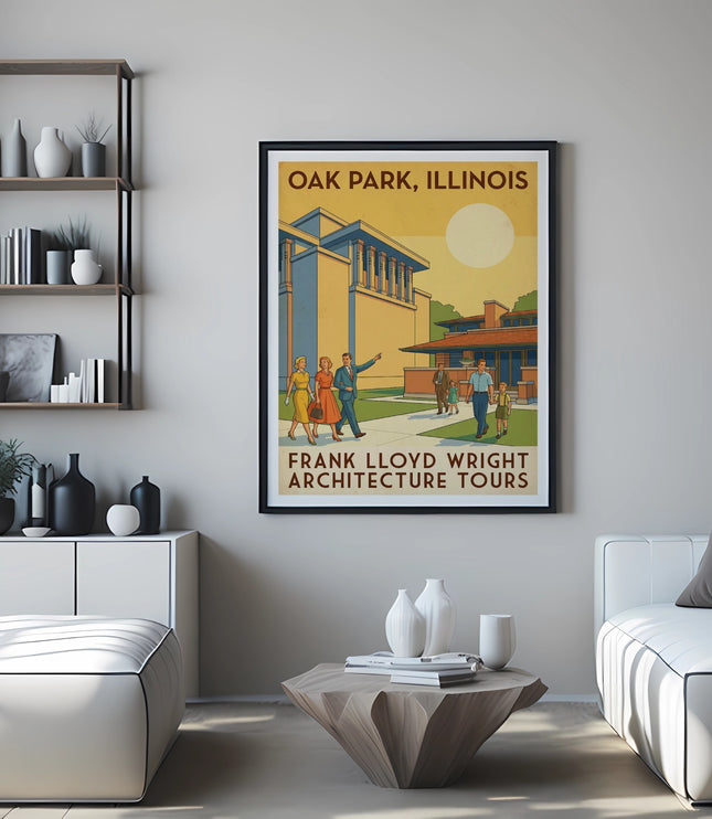 Framed poster of Frank Lloyd Wright architecture in Oak Park, Illinois.