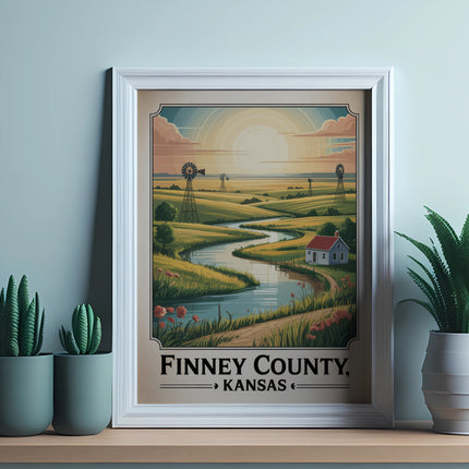 Framed landscape of Finney County, Kansas with windmills, a house, and fields.