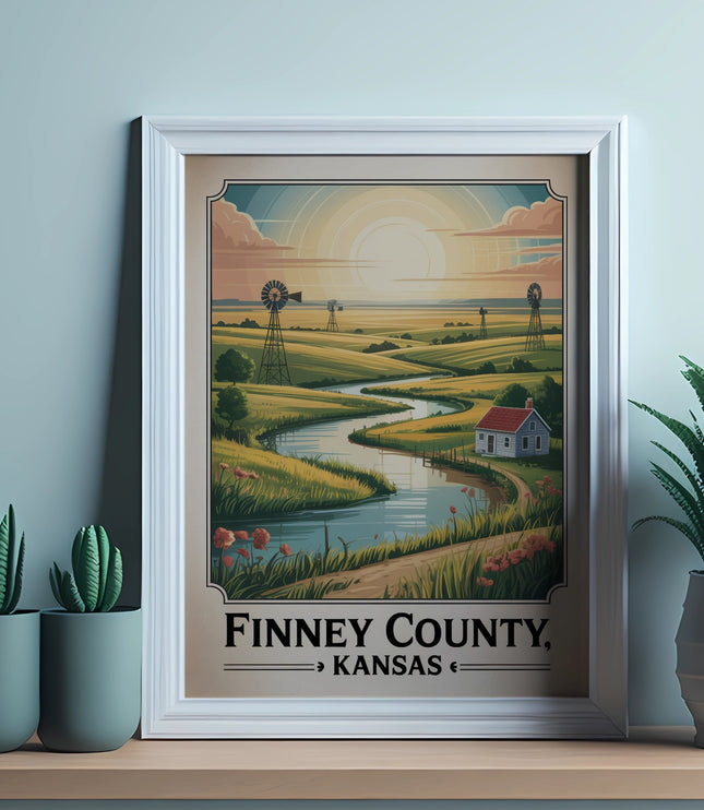 Framed landscape of Finney County, Kansas with windmills, a house, and fields.