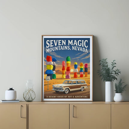 "Seven Magic Mountains, Nevada" poster with desert art installation and vintage car.